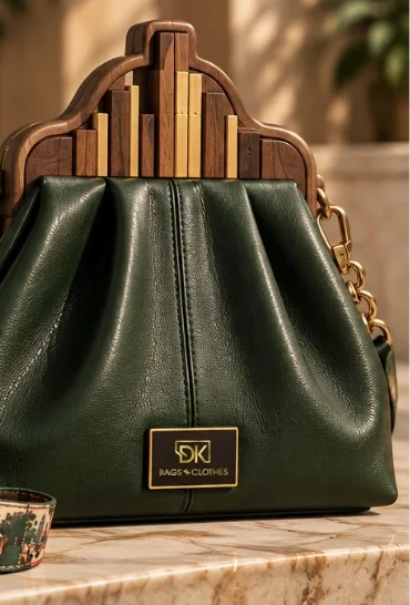 DK 02 Saigon, Bamboo Sky: a deep green handbag beneath a sculptural wooden frame, with a gold chain and a Saigon textile strap. Design visualisation.