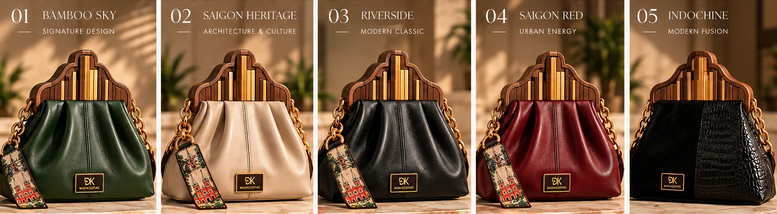 The five Saigon Women handbags side by side: Bamboo Sky, Saigon Heritage, Riverside, Saigon Red and Indochine. Design visualisation.