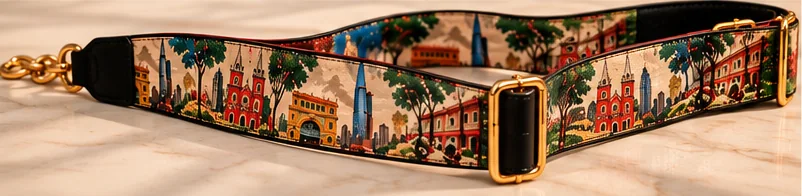 The full textile strap, printed with Saigon landmarks, joined by metal chain at each end. Design visualisation.