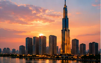 Landmark 81 at sunset above the Saigon skyline. Reference image.