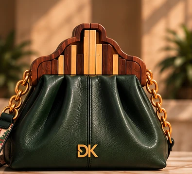 DK 02 Saigon, Bamboo Sky: a deep green handbag beneath a sculptural wooden frame, with a gold chain and a Saigon textile strap. Design visualisation.